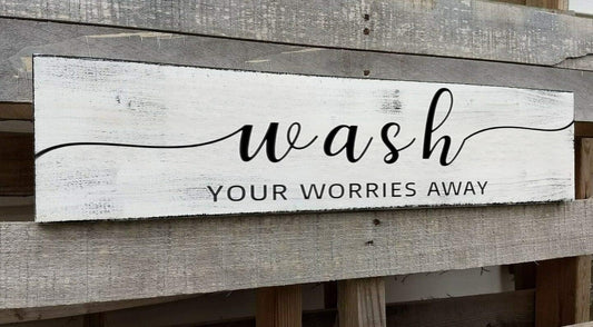 Farmhouse Bathroom Sign, Wash Your Worries Away, Rustic Wooden Bathroom Wall Art Decor, Inspirational Signs Bath Wall Hanging Art Home Decor (Wash) 6x16 Inch