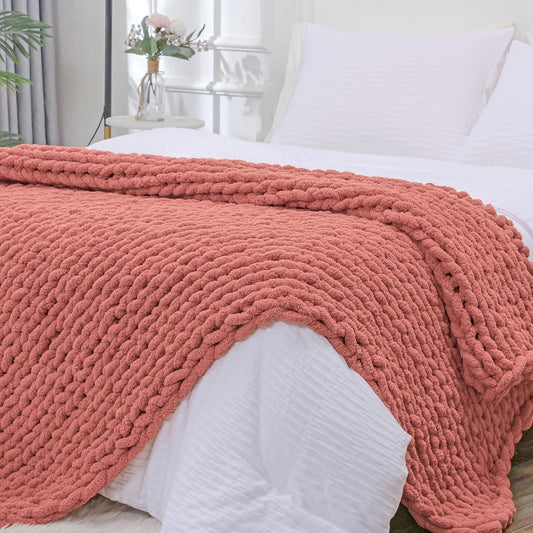 Bigacogo Chunky Knit Throw Blanket for Couch, 51x63 inches, 100% Hand Knitted with Thick Jumbo Chenille Yarn, Cozy Soft Large Rope Knot Cable Crochet Blankets for Sofa Bed Living Room, Antique Red