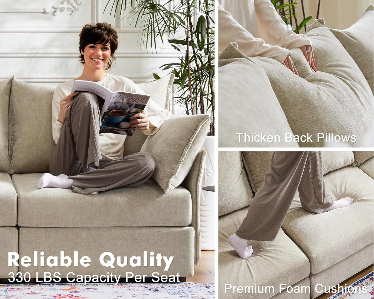 102.6" Modular Sectional Sofa, Oversized 3-Seater Couch with Removable Beige Chenille Fabric Cover, Deep Seat & High Backrest for Living Room, Office & Apartment