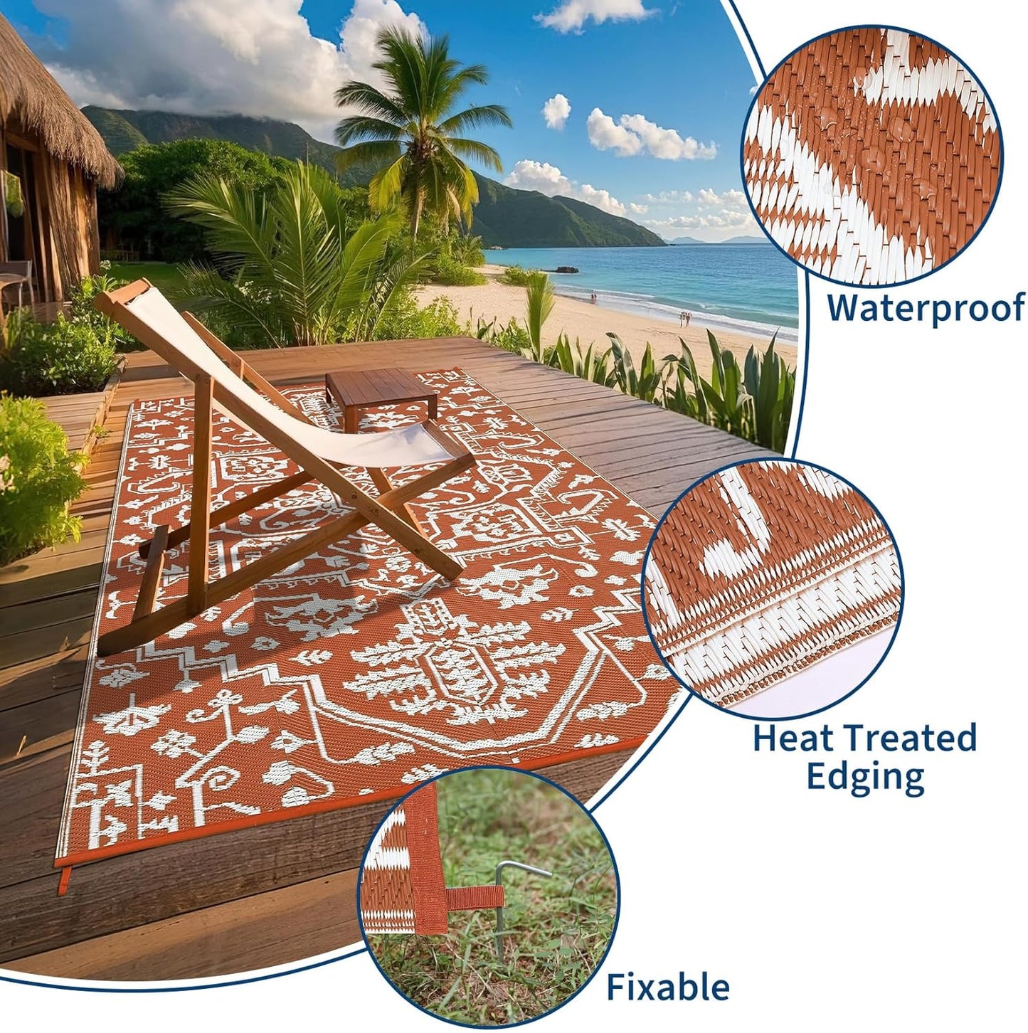 Waterproof Outdoor Rug 9x18 Reversible Plastic Straw Patio Rug, Stain-Resistant Vintage Medallion Carpet, Large Indoor Outdoor RV Mat for Deck, Camping, Balcony, Vintage Terracotta Brick/White
