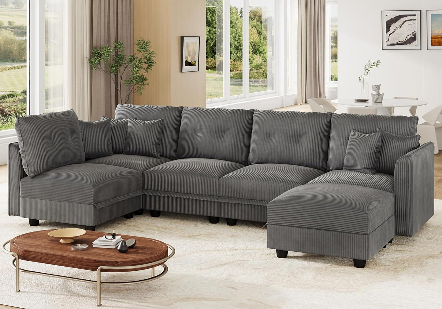 LLappuil Modular Sectional Sofa with Storage Seats, Corduroy Convertible Modular U Shaped Sectional Couch for Living Room, 6 Seat Oversized Sofa with 5 Back Cushion 5 Throw Pillow, Grey