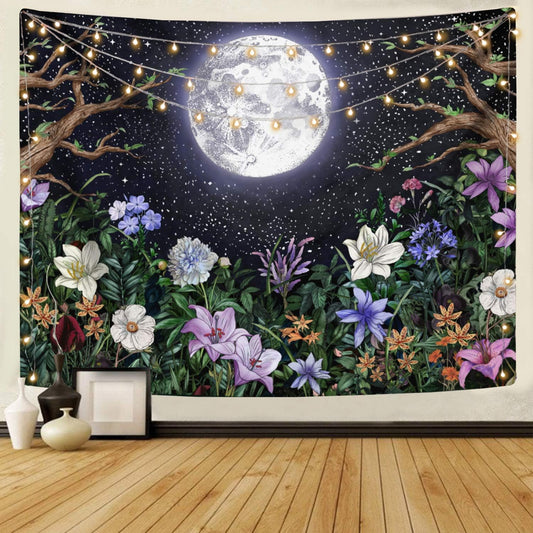 Neasow Aesthetic Moon Garden Tapestry Wall Hanging, Night Landscape with Colorful Plants Floral Tapestries for Bedroom Home Decor Multi Color 68×90 inch (172.5cm×230cm)