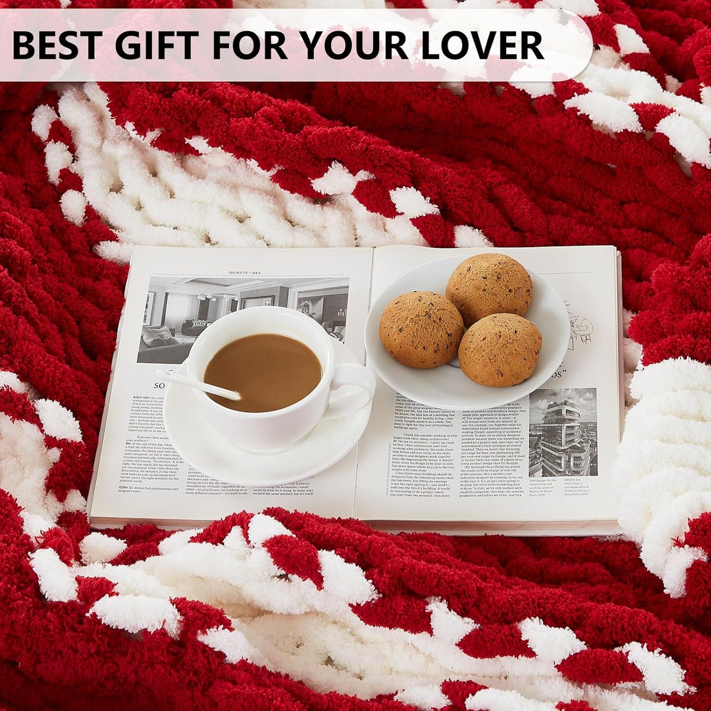 L'AGRATY Chunky Knit Blanket Throw: 72''x84'' Chenille Chunky Knitted Throw Blanket for Bed Couch - Handmade Thick Big Cable Knit Blanket - Large Chunky Crochet Blanket for Home Decor(Red White)