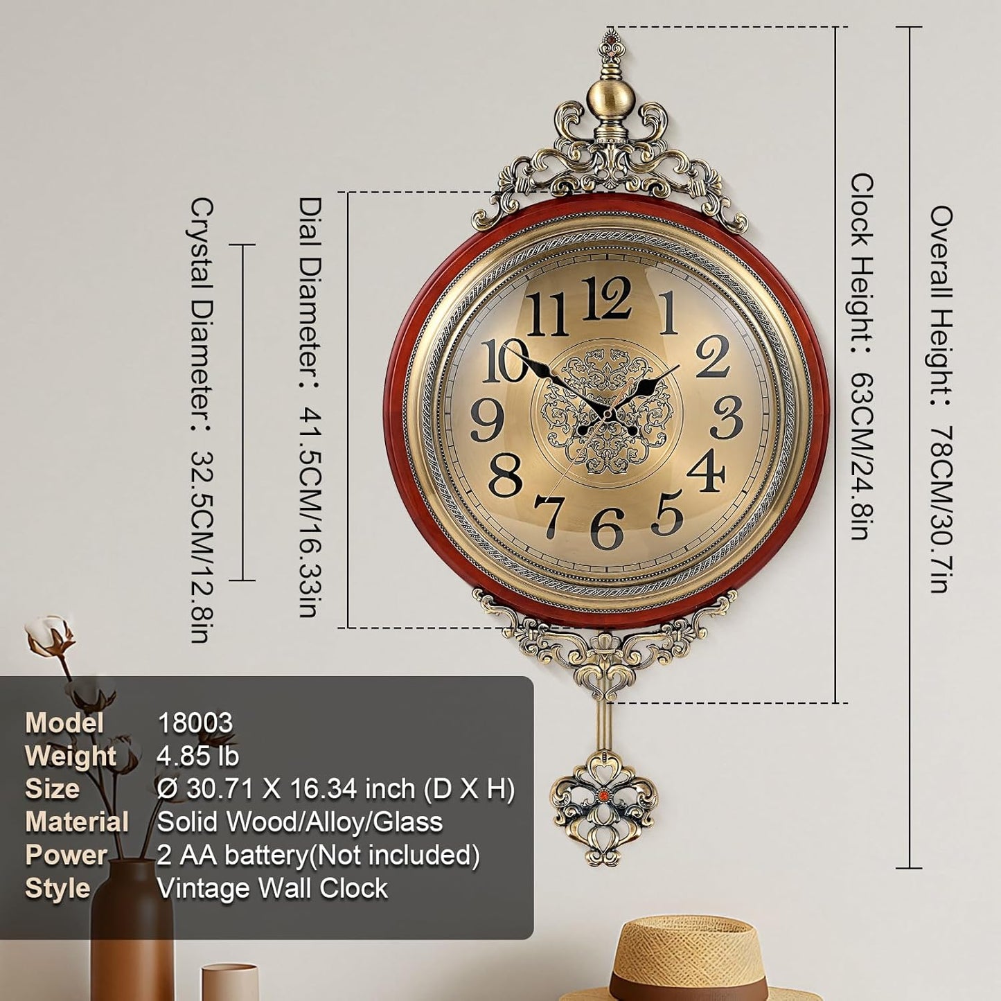 Vintage Wall Clock with Pendulum, 16 Inch Large Retro Metal and Glass Silent Clock for Living Room, Antique Wood Pendulum for Dining Room Office Home Decor