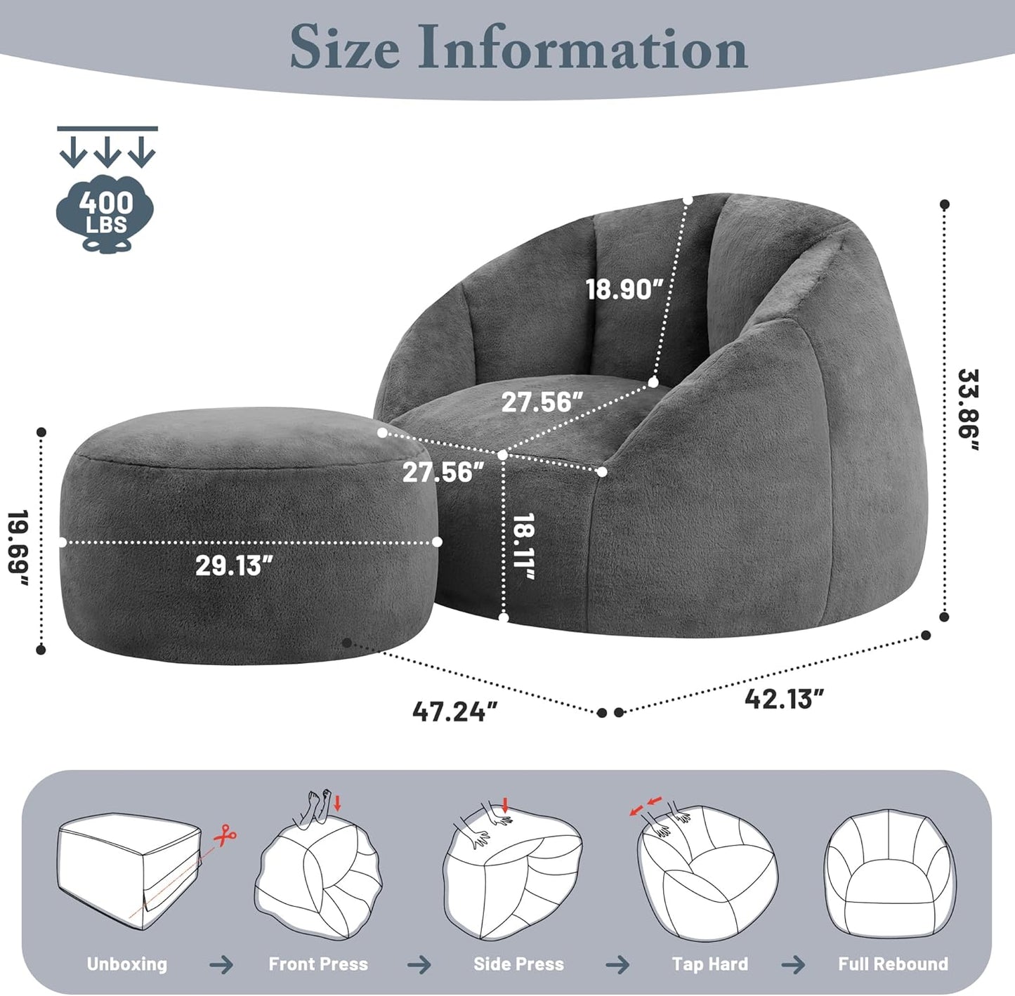 Giant Bean Bag Chaise Lounge Indoor Chair for Adults - Comfy Plush Round Shell Soft Accent Chair, Oversized Cozy Floor Sofa for Living Room, Bedroom & Game Rooms, Gray