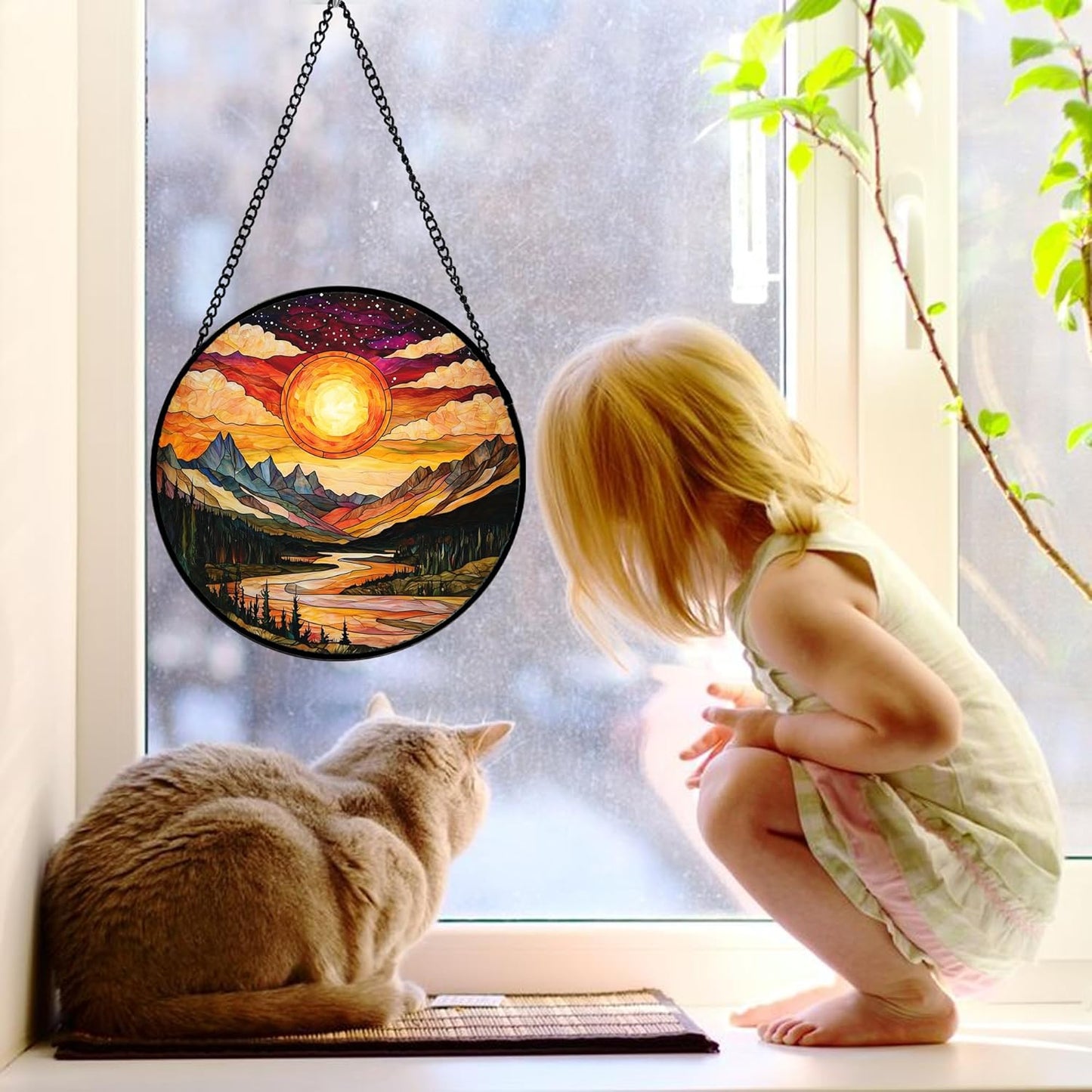 Stained Glass Window Hanging, Dusk Sunset Landscape Sun Catchers Glass Panel Lakes and Mountains Suncatcher Decor for Birthday for Women, Men, Wife, Aunt, and Mom 9.8 in