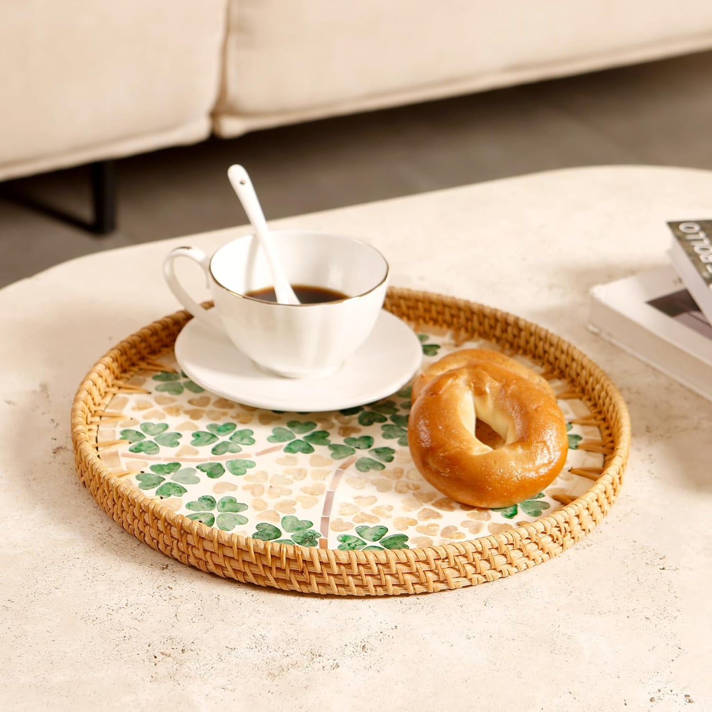 Round Rattan Tray with Mother of Pearl Inlay & Wooden Base - Decorative Wicker Serving Tray for Coffee/Bread/Fruits, Food Storage & Display - Multipurpose Home Decor (M,Four-Leaf Clover)