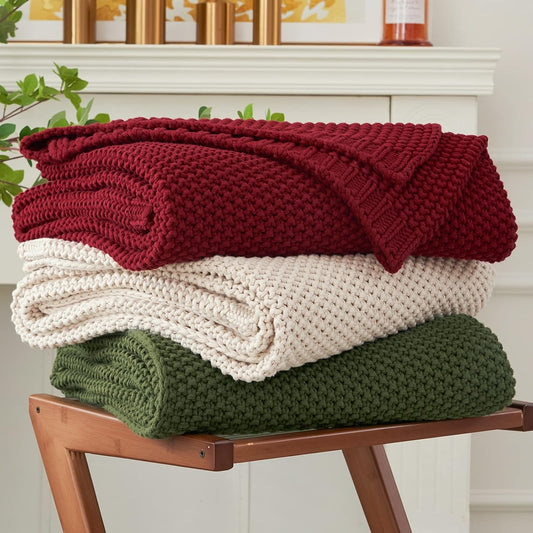 Chunky Cable Knit Throw Blanket Lightweight Wine red 100% Organic Cotton Blanket for Sofa Couch Bed Baby Nursery, Rustic Shabby Chic Modern Farmhouse, 60” x 80” Give Laundering Bag