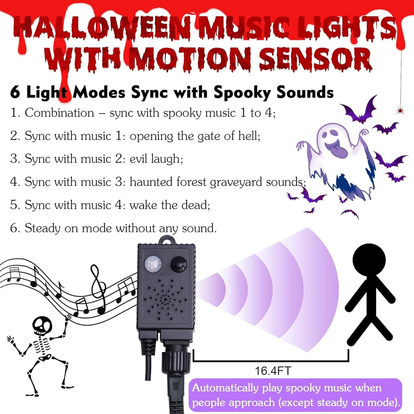 Rotu Halloween String Lights Outdoor with Music Sync Spooky Sounds 300 LED 114.8ft Indoor Fairy String Lights Waterproof Function for Halloween Party Haunted House Decorations (Purple & Orange)