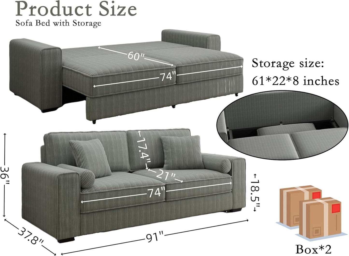 91-Inch Corduroy Pull Out Couch with Storage, Convertible Queen Sleeper Sofa with Pull Out Bed, Hide a Bed Couches for Bedroom, Guest Room, Apartment, Small Places, RV (Grey)