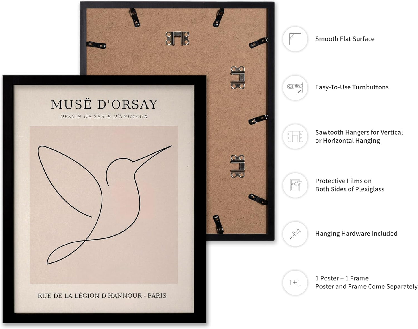 Poster Master Vintage Poster - Retro One Line Hummingbird Drawing Print - Bird Line Art - Minimal Gift for Him, Her, Animal Lover - Abstract Decor for Home, Office, 8x10 Black Framed