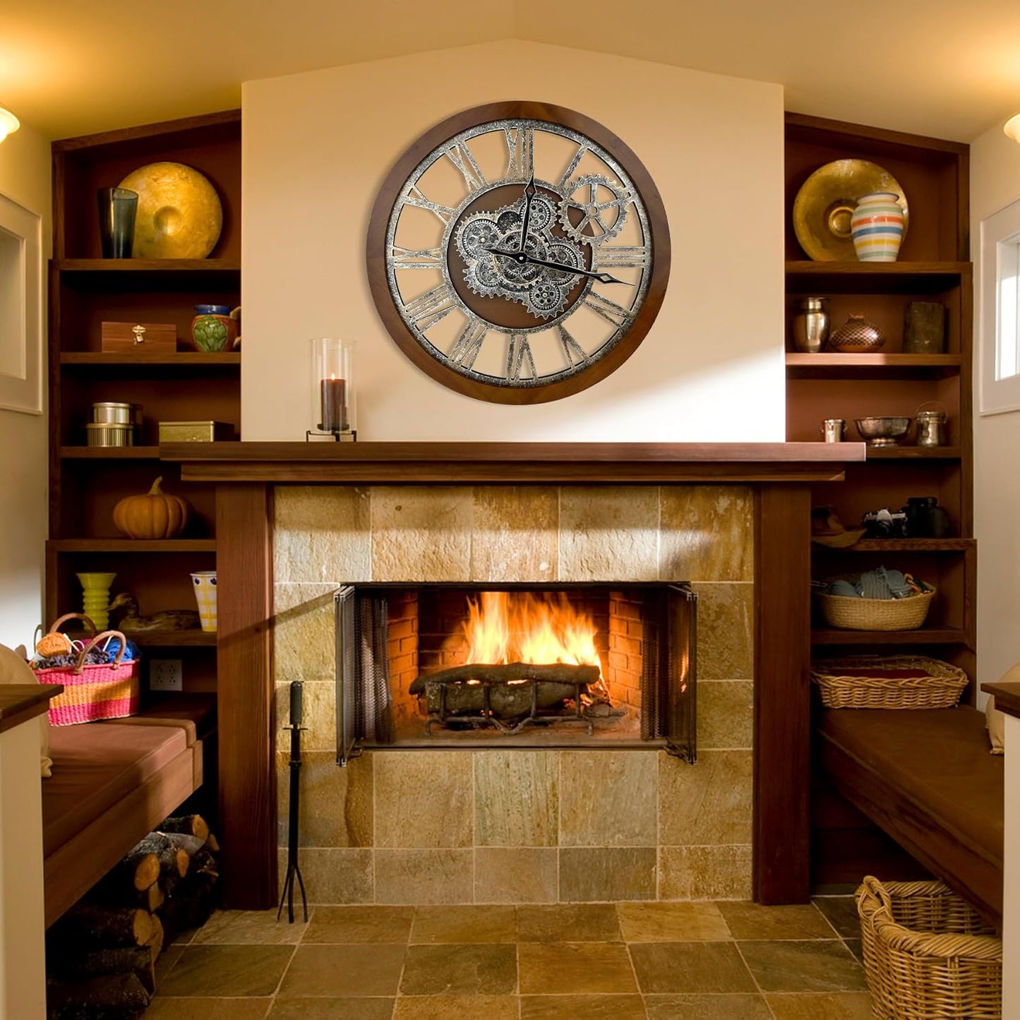 HOIBAI Large Wall Clock, Wall Clocks for Living Room Decor 36 Inch Farmhouse Vintage Rustic Kitchen Wall Decor Vintage Roman Oversized Wall Clock for Home Bedroom House Office, Moving Gears Clock