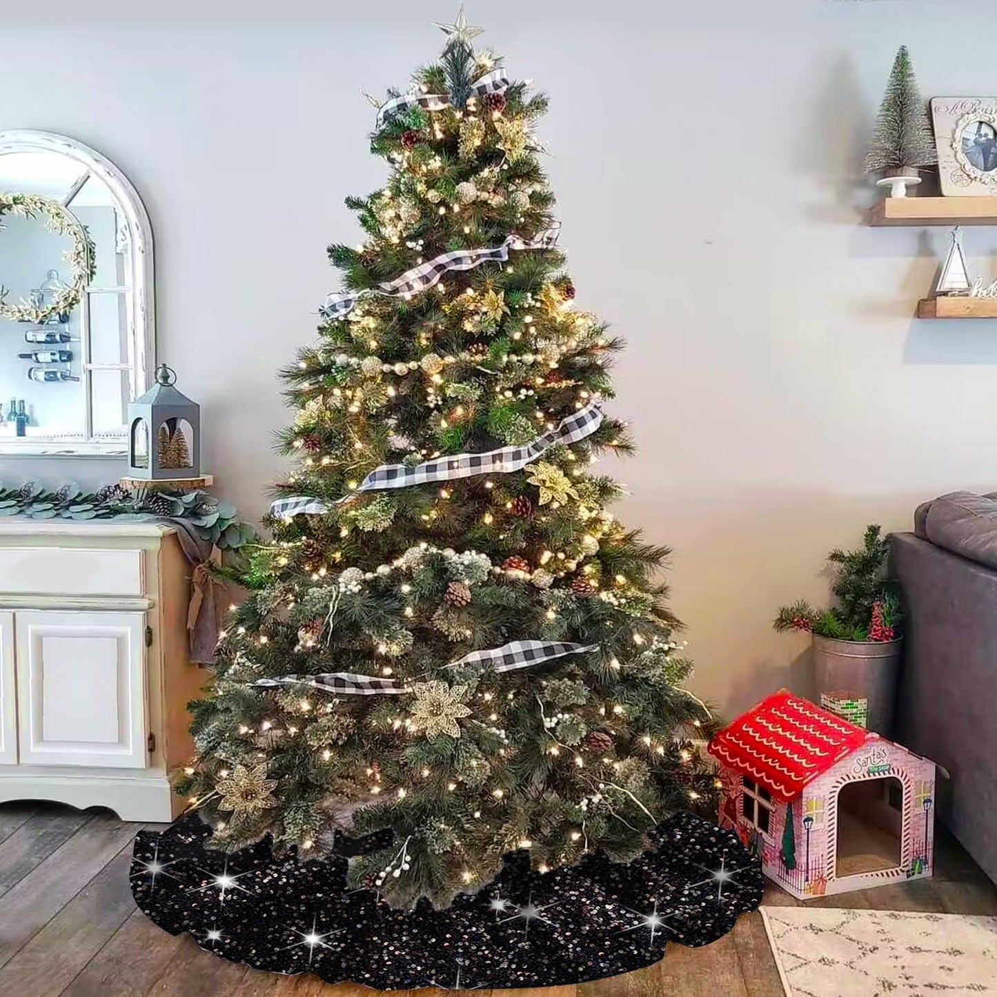 Christmas Tree Skirt 36 Inch Black Xmas Tree Skirt Soft Fabric Christmas Tree Skirts Santa Tree Decorations for Christmas Tree Skirt Halloween Tree Skirt Collar Sequin Metallic Tree Floor Base