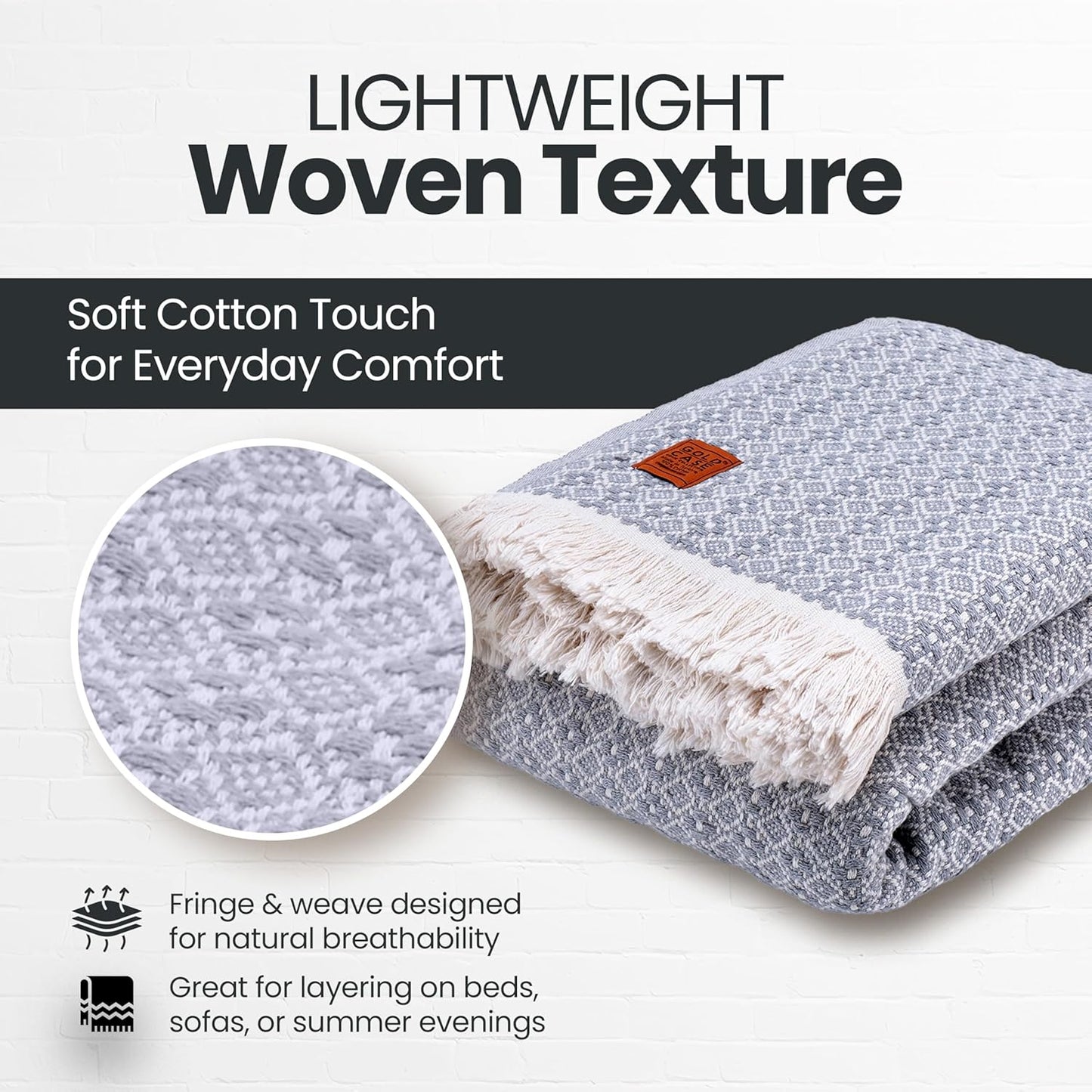 Gold Case Throw Blanket for Bed – 100% Recycled Turkish Cotton Bed Blanket – Decorative Throw Cotton Blankets for Living Room & Bedroom – Woven Twin Blankets - 71x90 - Grey