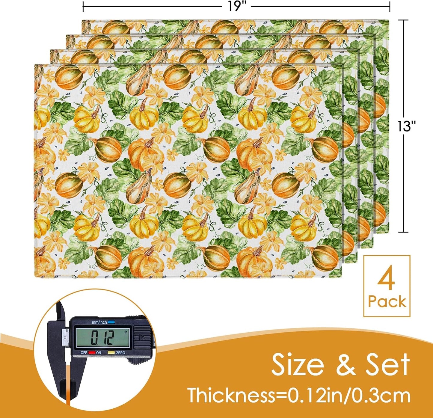 MANSPHIL Orange Pumpkin Placemats Set of 4 for Fall Theme Thanksgiving Decor - Farmhouse Cloth Cotton Faux Linen Table Place Mats for Dining Kitchen Washable - 13x19 Inch