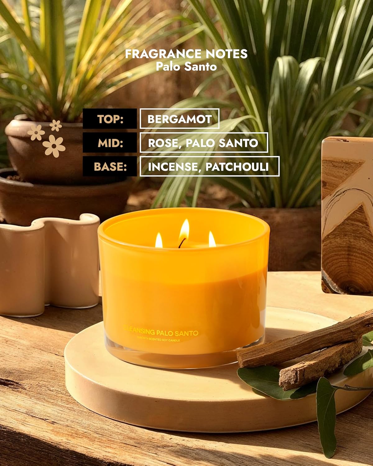 96NORTH Luxury Palo Santo Candle | Large 3 Wick Jar Candle | Up to 50 Hours Burning Time | 100% Natural Soy Wax | Relaxing Aromatherapy Aesthetic Candles | Housewarming Gift for Men and Women