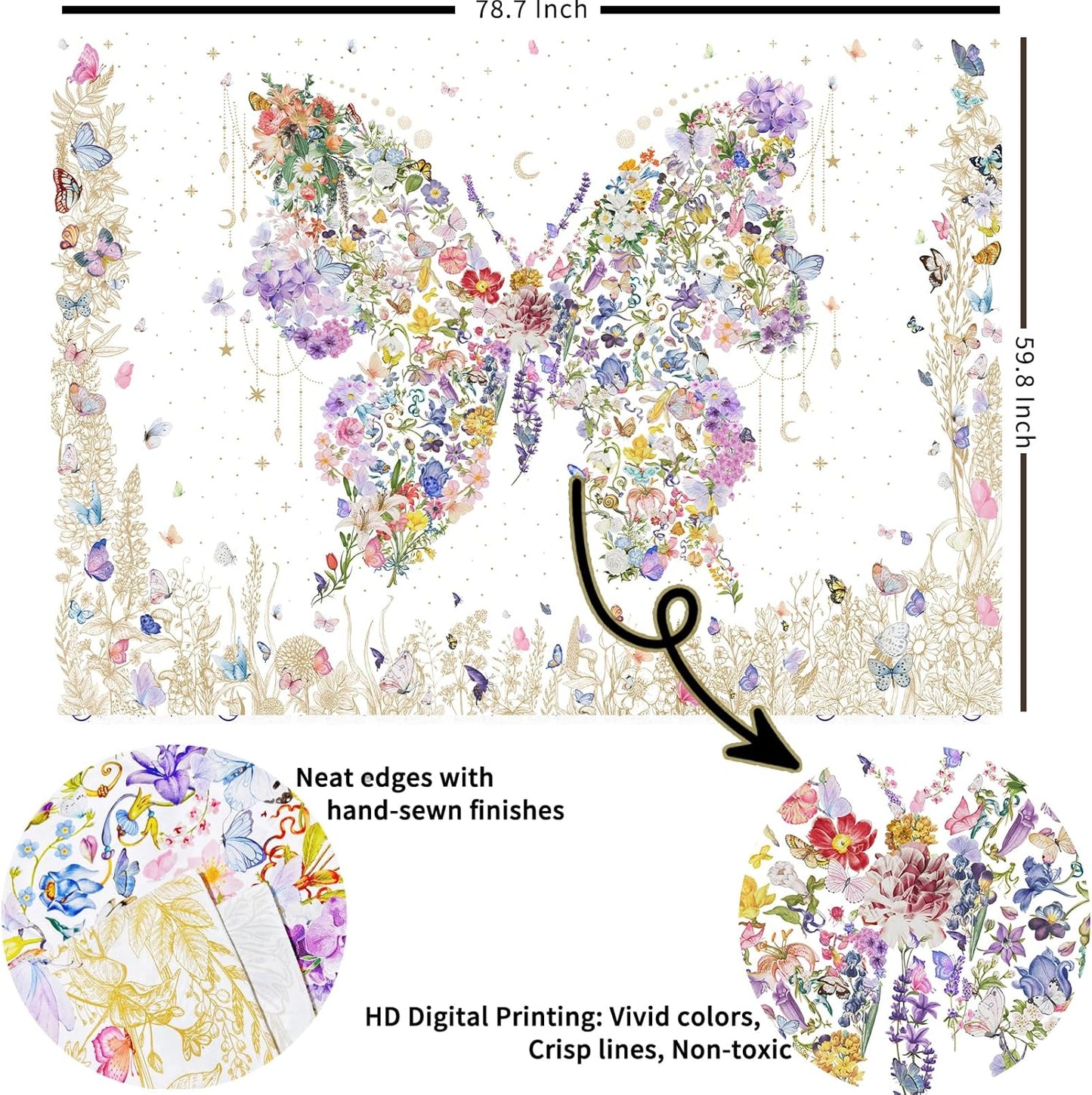 Damanse Butterfly Tapestry Wall Hanging Cute,Boho Wall Tapestry for Bedroom Aesthetic,Flower Living Room Decor for Teen Girls (White, 59.80" x 78.70")