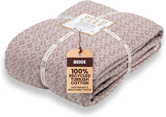 Gold Case Throw Blanket for Bed – 100% Recycled Turkish Cotton Bed Blanket – Decorative Throw Cotton Blankets for Living Room & Bedroom – Woven Twin Blankets - 71x90 - Beige