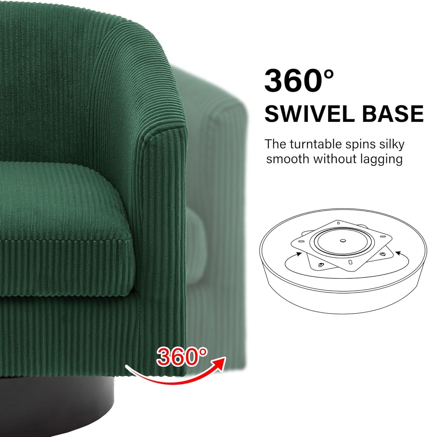 Swivel Barrel Accent Chair, Modern Round Corduroy Fabric Arm Chair for Living Room, Bedroom, Comfy Club Reading Chairs for Adults (Corduroy Dark Green, Set of 2)