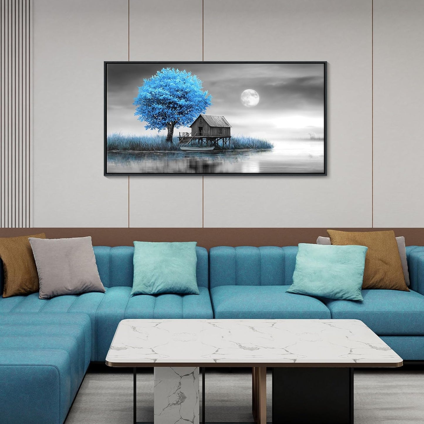 JEAWA Framed Canvas Wall Art Decor - Blue Gray Wall Art for Bedroom Study Dining Room, Winter Landscape Wall Art Canvas Paintings, Moon Pictures Wall Decor, Tree Art Wall Decor, 20x40 IN
