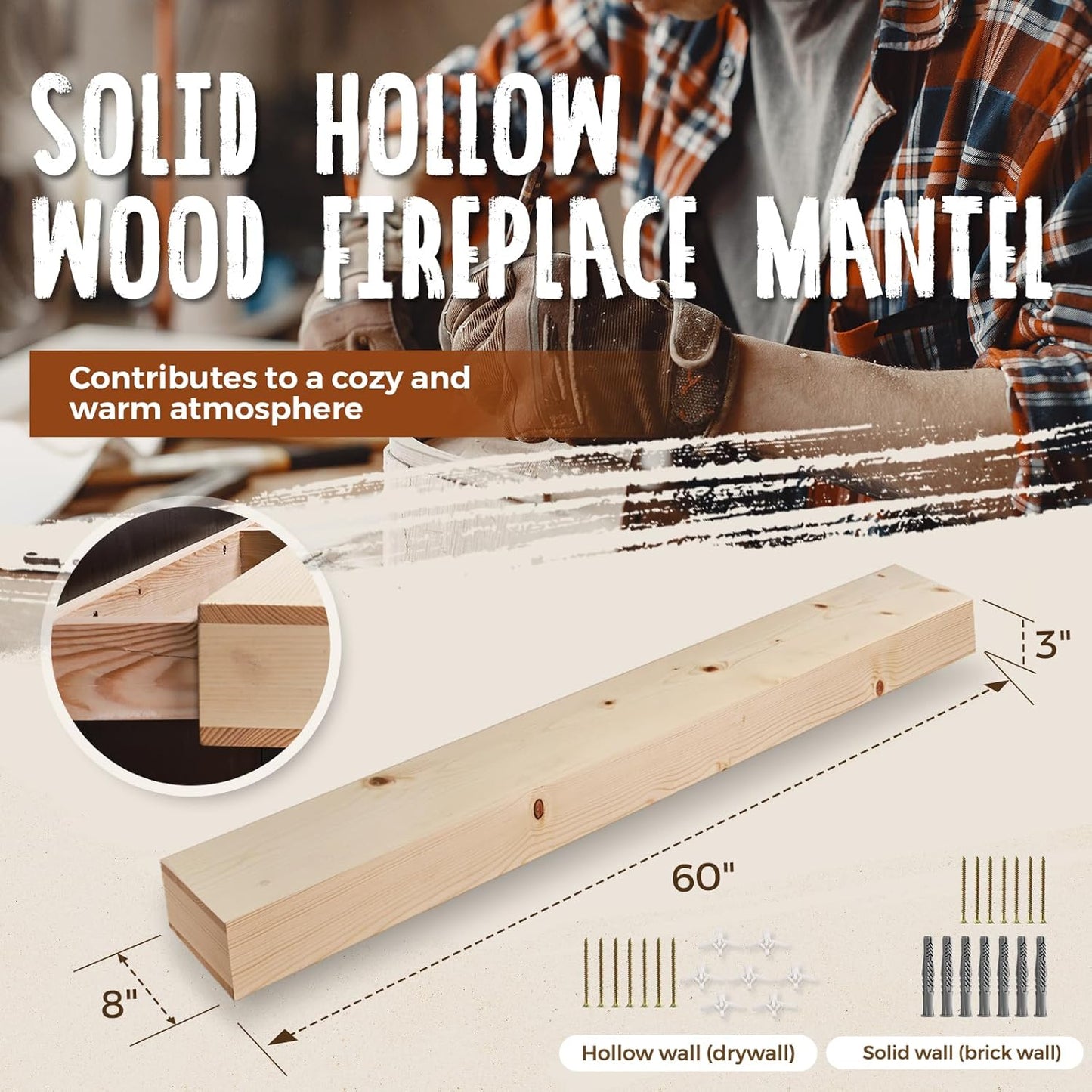 60x8x3 Fireplace Mantel - Handcrafted Hollow Rustic Solid Wood Wall Mounted Floating Shelf - DIY Color - with Invisible Heavy Duty Wood Bracket