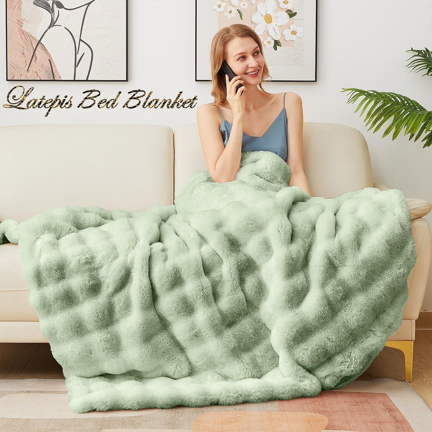Latepis Soft Faux Fur Blanket Bubble Twin Size Comfy Blanket for Bed Fuzzy Cozy Thick Blankets for Couch Bedroom Furry Warm Blankets for All Seasons Luxury Bed Throw 60x80 Inch Sage Green, 860gsm