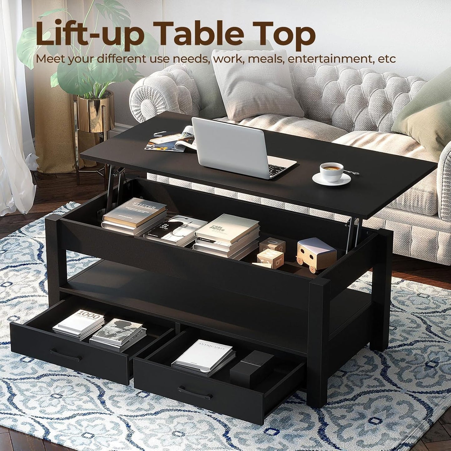 Rolanstar Coffee Table, Lift Top Coffee Table with Drawers and Hidden Compartment, Retro Central Table with Wooden Lift Tabletop, for Living Room, Black