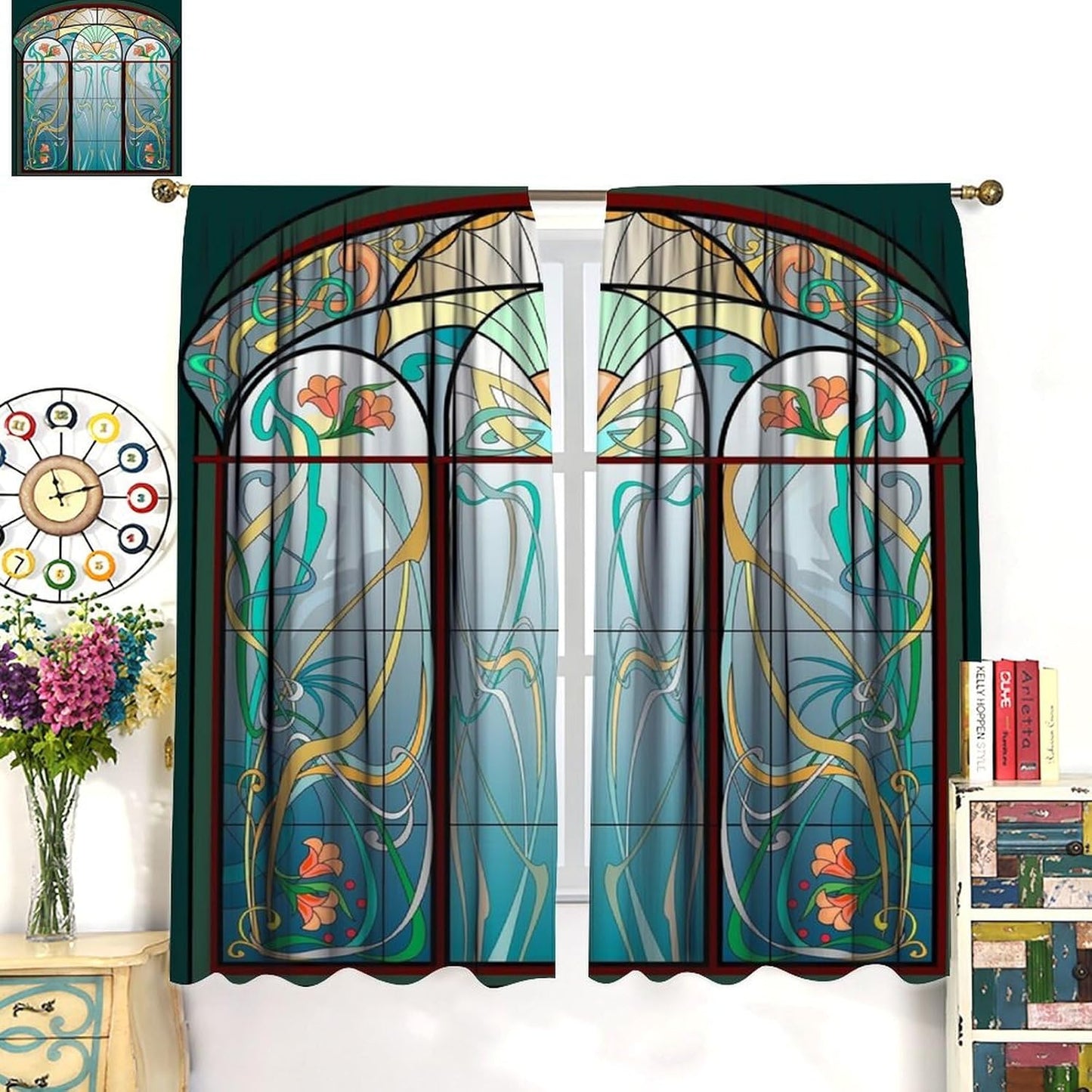 Stained Glass Curtains, Retro Mid Century Boho Abstract Art Home Decor Drapes for Bedroom Living Room Kitchen Window Treatment 2 Panels Set Total Size 42" W X 45" L Inch