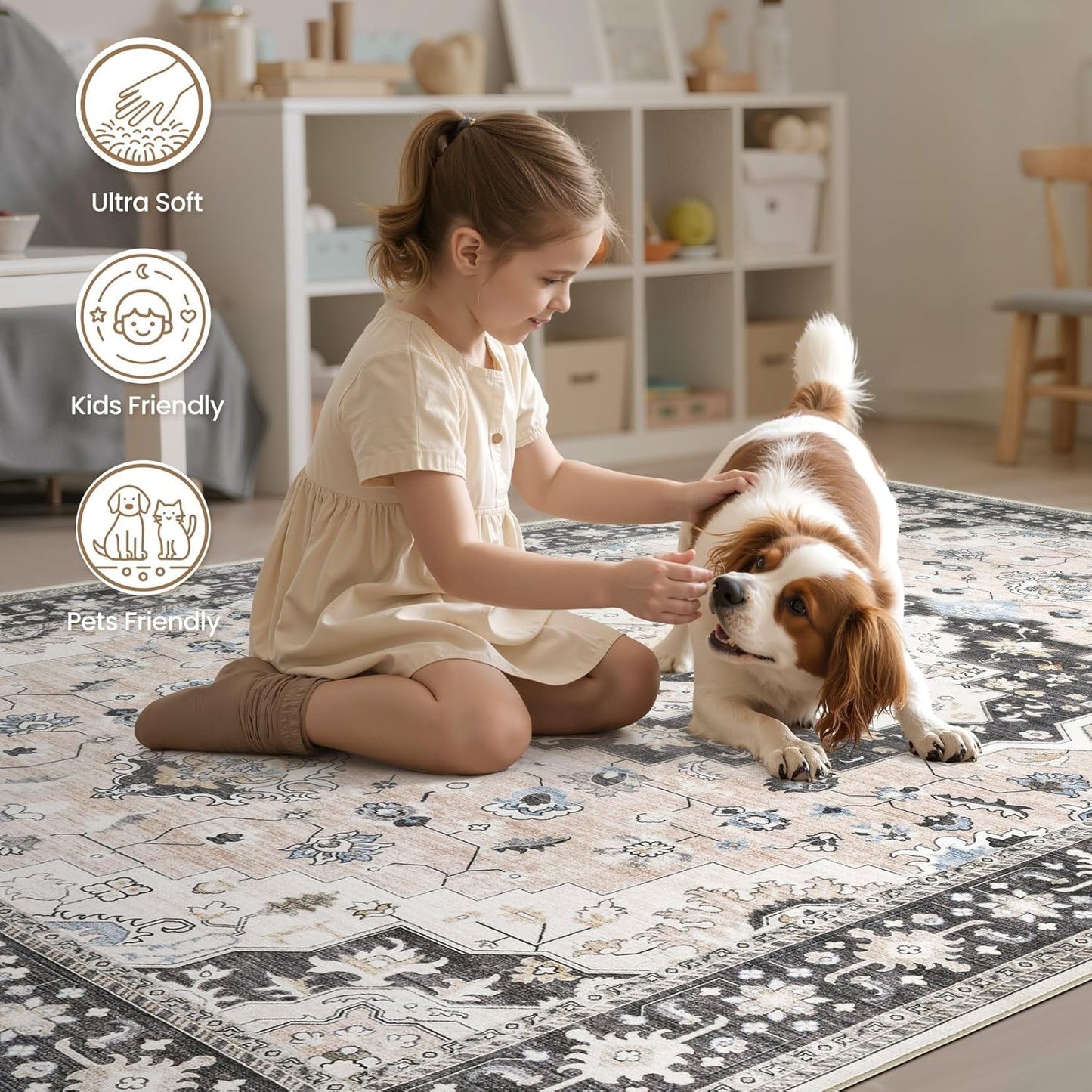 Washable Area Rugs for Living Room - 9x12 Neutral Vintage Distressed Floral Farmhouse Boho Large Soft Floor Rug Indoor Non Slip Carpet for Bedroom Dining Room Office - Pink/Dark Green