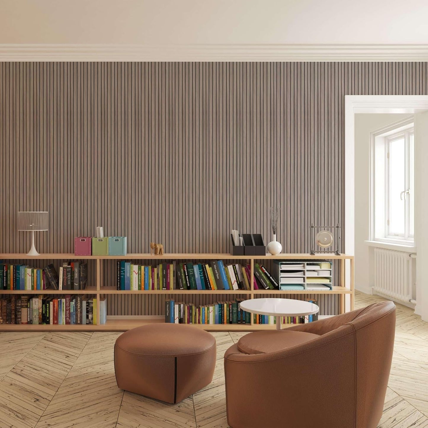 IZODEKOR 3D Wood Effect Styrofoam Wall Panels - Faux Wood Look Wall Panels for Living Room - Fake Acoustic Wood Slat Wall Panels - Pack of 10, Covers 50 sq ft.