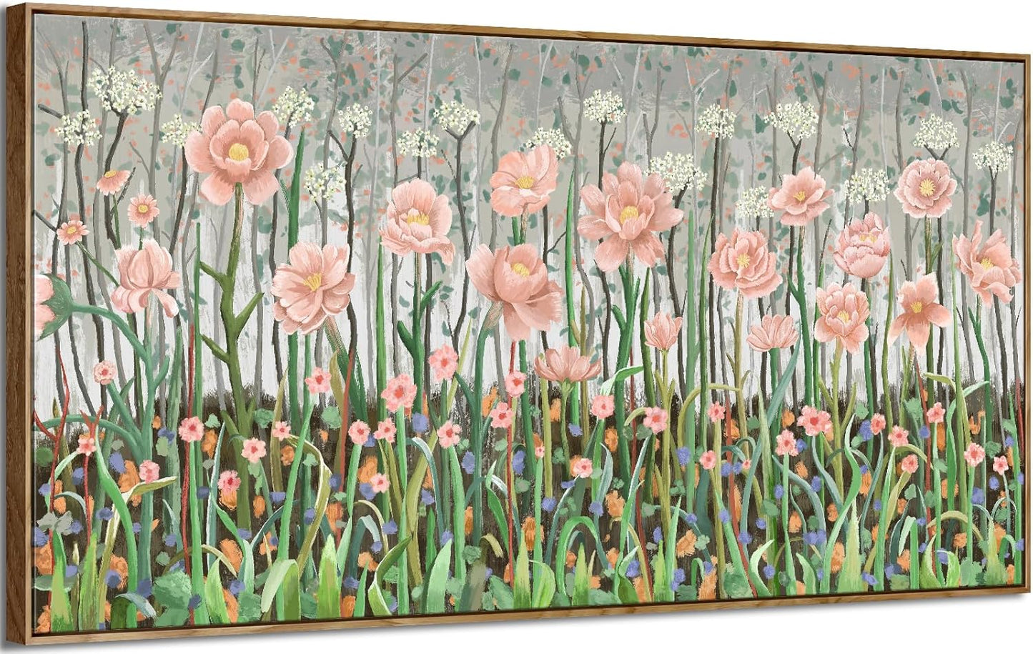 amatop Framed Oversized Floral Canvas Wall Art Canvas Print Modern Botanical Flower Field Rustic Wall Decor Abstract Nature Blooming Wildflower Pale Pink Green Artwork for Living Room Bedroom Office 58x29 in