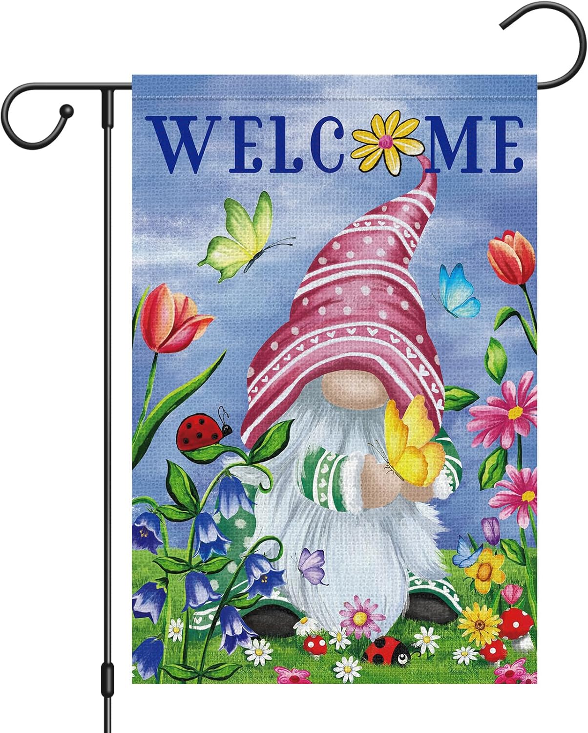 Welcome Spring Gnome Garden Flag 12x18 Double Sided Burlap Butterfly Floral Garden Yard Flags for Spring Summer Rustic Seasonal Outside Outdoor House Decoration (ONLY FLAG)