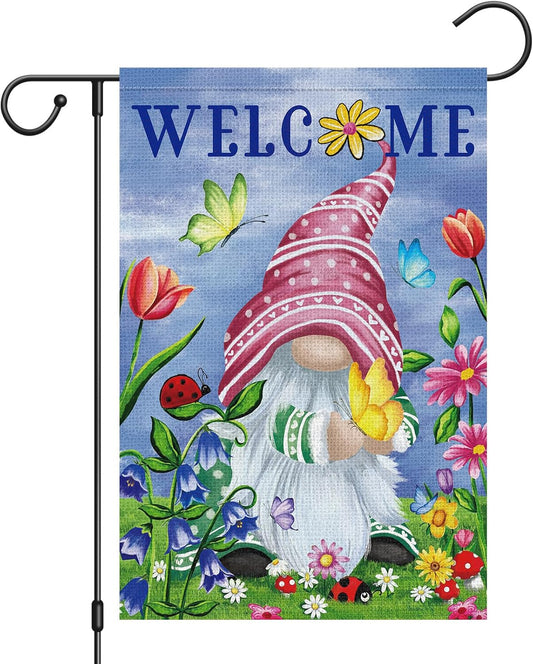 Welcome Spring Gnome Garden Flag 12x18 Double Sided Burlap Butterfly Floral Garden Yard Flags for Spring Summer Rustic Seasonal Outside Outdoor House Decoration (ONLY FLAG)