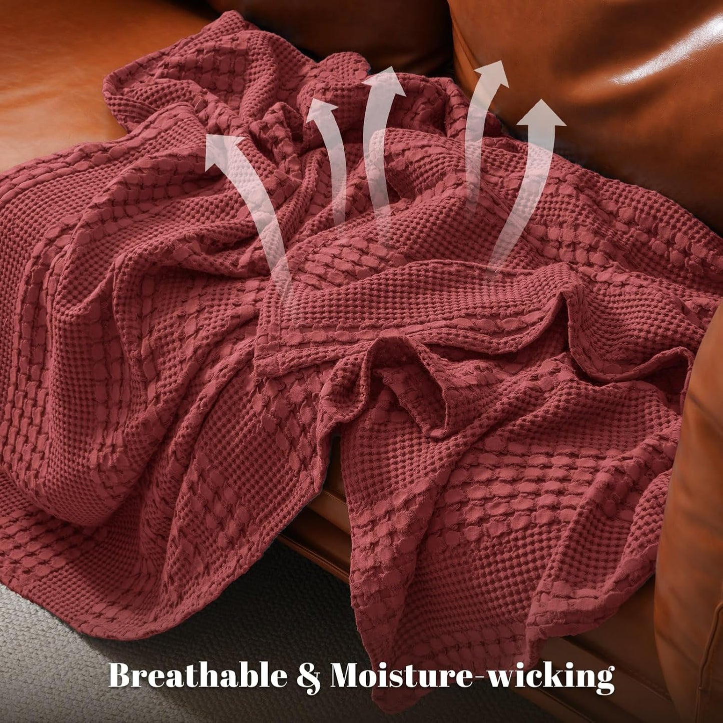 PHF 100% Cotton Waffle Weave Blanket King Size, Soft Lightweight Breathable Cozy Summer Blankets for Bed, Luxury Aesthetic Woven Bedding for Home Decor, 108"x90", Wine Red