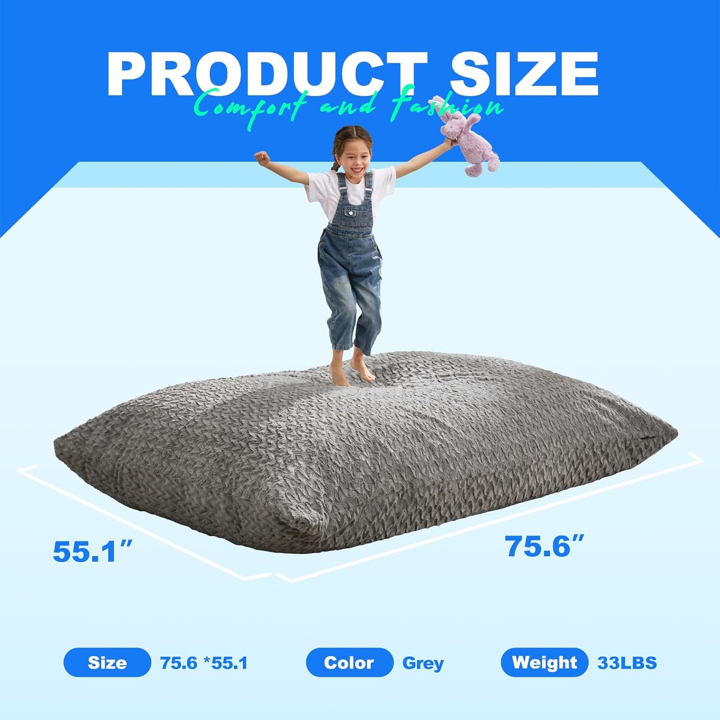 Hobestluk 3 in 1 Bean Bag Chair Giant Bean Bag Chairs for Adults with Chevron Plush Fur Cover Convertible Bean Bag Floor Cushion with Machine Washable Cover for Living Room (Chevron Plush Grey)