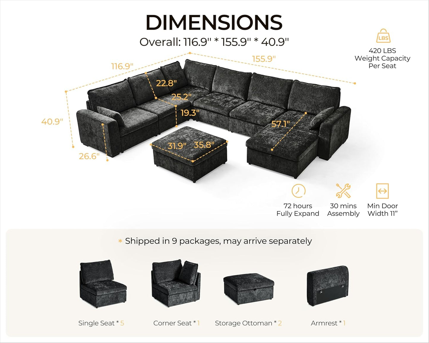Oversized Modular Sofa Comfy Cloud Couch with Storage, Extra Deep Plush Sectional Sofa Set for Living Room, Covers Washable, Chenille, Olar (Black, 8-Seater with Corner & 2 Ottomans, u-Shaped)