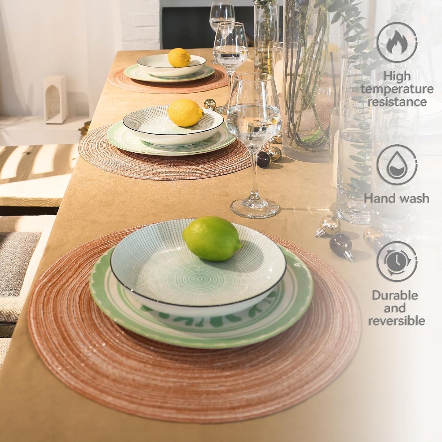 AHHFSMEI Round Braided Placemats Set of 6 Round Table Mats for Dining Tables Natural Woven Heat Resistant Place mats 15 Inch (Light Orange)
