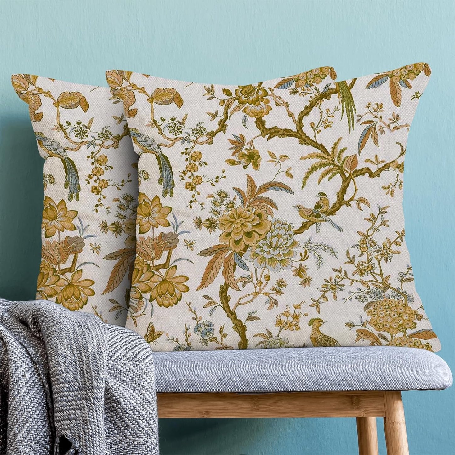 CXMEIFLY Summer Floral Birds Pillow Covers 20 x 20 Inch Set of 2 for Chinoiserie Flowers Spring Decor Throw Pillows Mustard Yellow Plant Outdoor Decorative Cushion Cases for Couch Bed Decorations