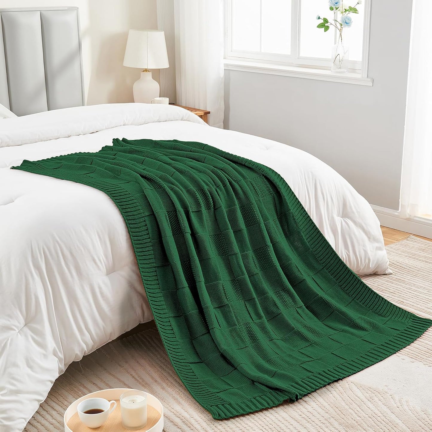 CozeCube Knit Throw Blanket, Green Checkered Throw for Couch, Soft Cozy Warm Knitted Blanket for Bed Sofa Living Room, 60"X80", Forest Green