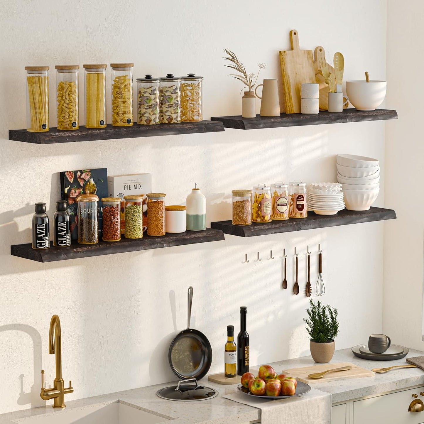 55 Inch Floating Shelves, Live Edge Elm Wood Floating Shelf for Wall, Wall-Mounted Display Shelves with Invisible Heavy-Duty Bracket, Long Floating Shelf for Kitchen, Living Room, Walnut Finish