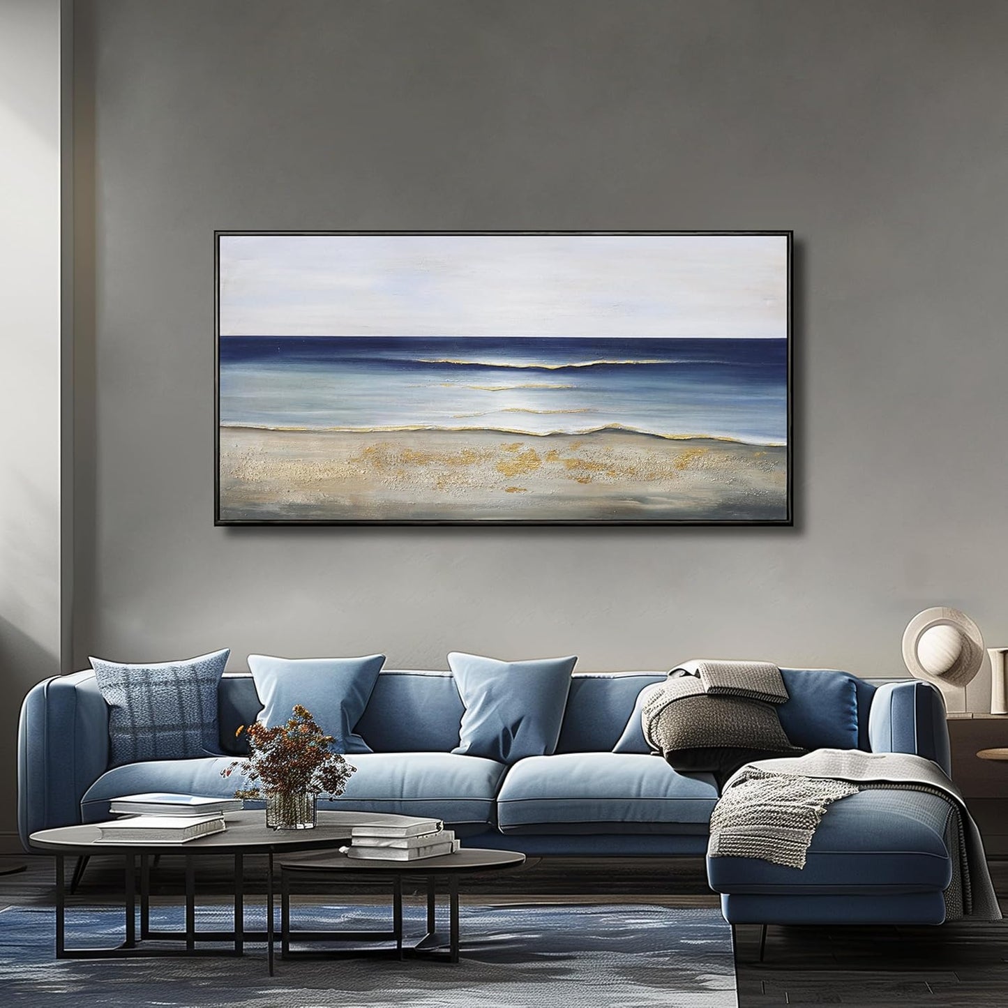 Yuaxker Ocean Wall Art Blue and White Wall Decor Framed Aesthetic Artwork Wall Hanging Canvas Painting for Living Room Bedroom Dining Room Office Home Decor 24x48 Inch