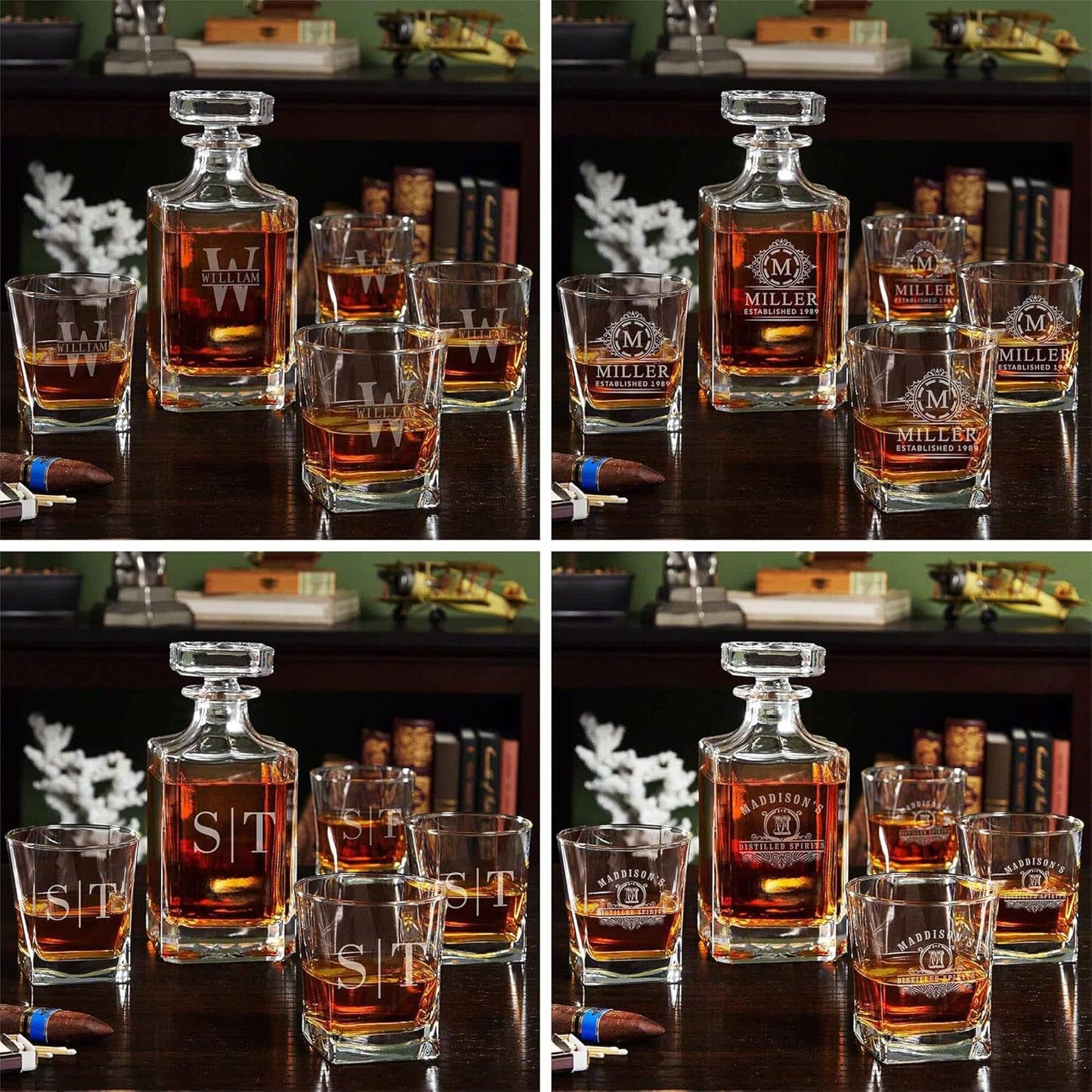 Personalized Whiskey Decanter Set with 4 Square Rocks Glasses - Gift Box Available