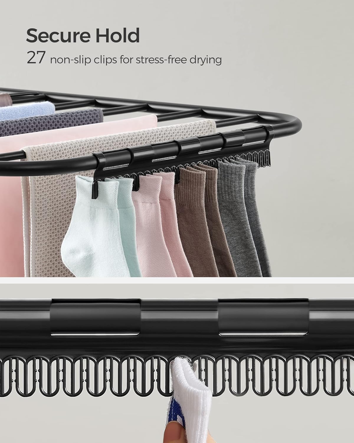 SONGMICS Clothes Drying Rack, Foldable 2-Level Laundry Drying Rack, Free-Standing Laundry Airer, with Height-Adjustable Wings, 33 Drying Rails, Sock Clips, Black ULLR053B01V1