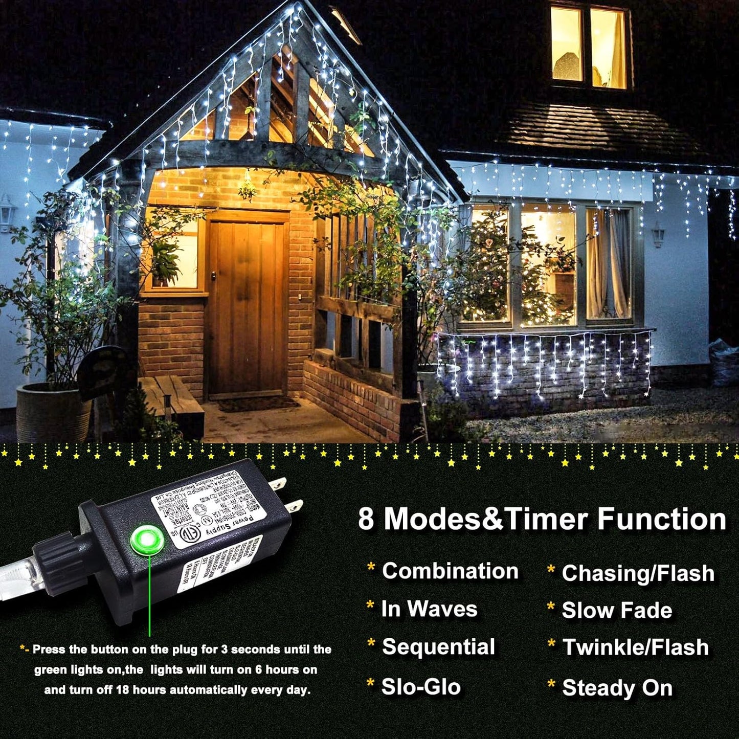 Icicle Christmas Lights Outdoor - 33ft 400 LED Icicle Lights for Outside with 75 Drops Waterproof Plug in Fairy String Lights with Timer for Party, Holiday, Wedding, Christmas Decoration, Cool White