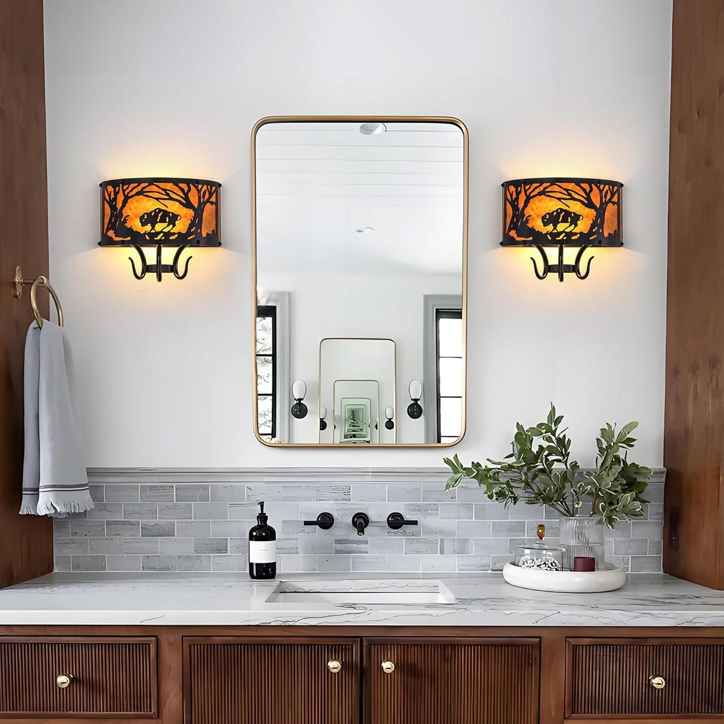 TOCHIC Farmhouse Wall Sconce, Rustic Vintage Indoor Wall Light Fixture, 2-Light Western Cow Wall Mount Light for Bedroom, Hallway, Living Room, Stairway