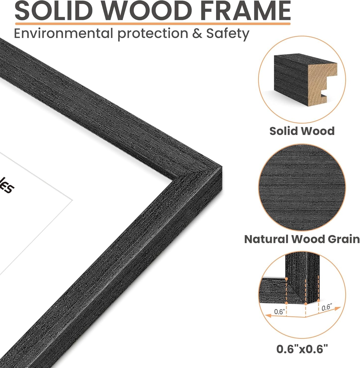 upsimples 11x14 Picture Frame, Natural Solid Wooden Picture Frames, Display 8x10 with Mat or 11 x 14 Without, Vertical or Horizontal Wall Hanging, 1 Pack, Black