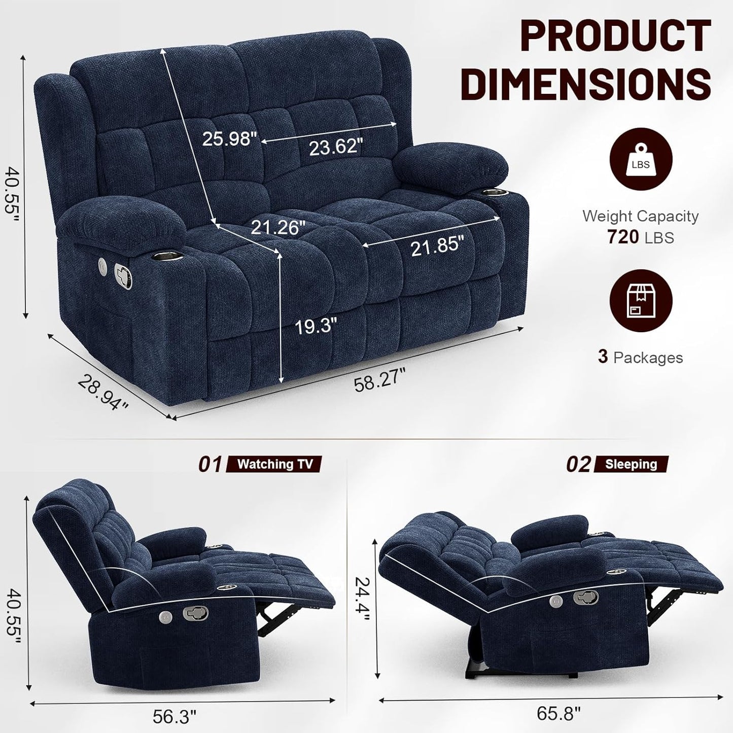 Loveseat Recliner Sofa Set with 2+1 Pieces, 2 Seater Minimalist Style Fabric Manual Pull Tab Reclining Loveseat with USB Charge Ports, Cup Holders, Recliner Couches for Living Room, RV, Blue