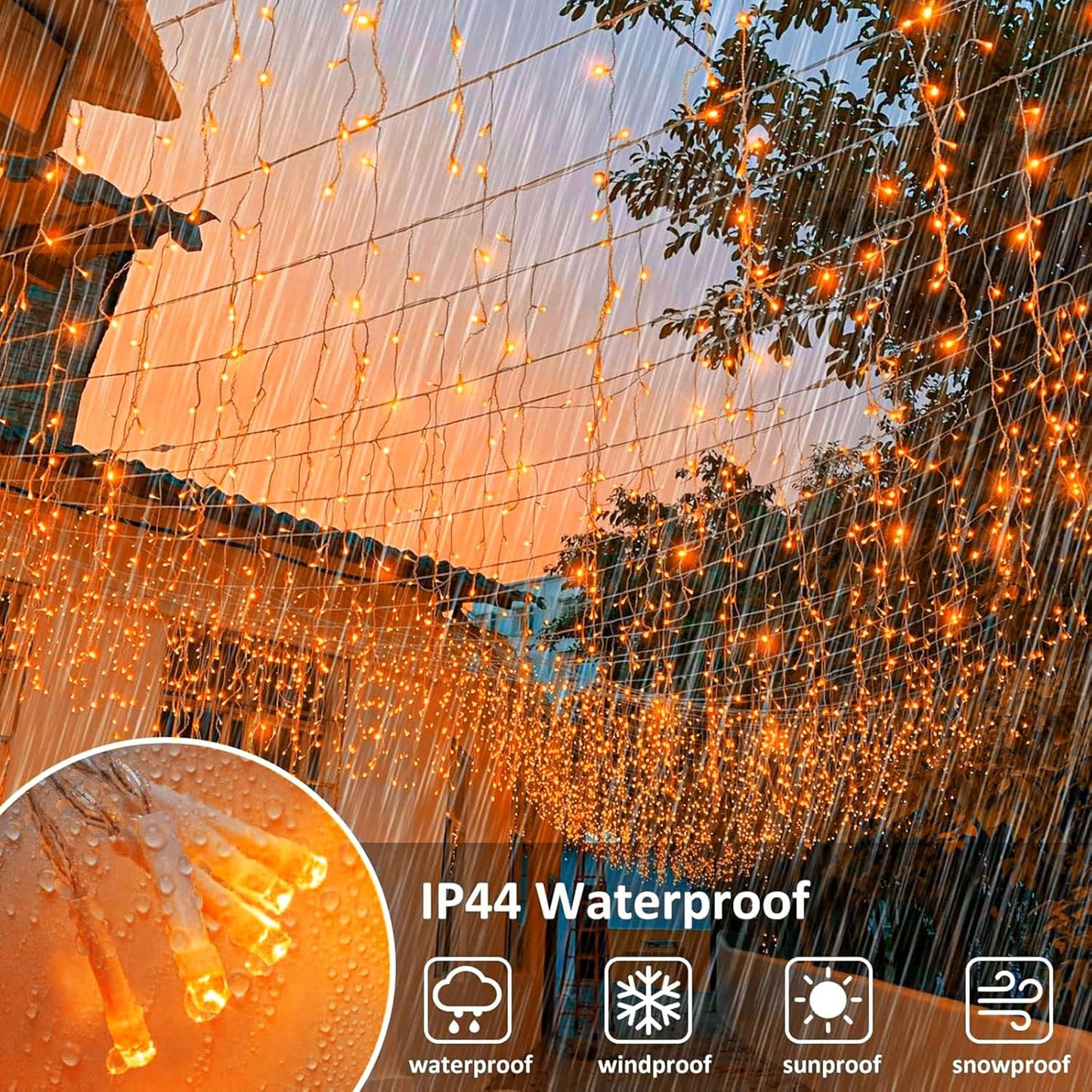 Orange Halloween Lights Outdoor, 33FT 400 LED Icicle Lights for Outside with 8 Modes Waterproof, Plug in Connectable Twinkle String Light for Indoor House Yard Patio Party Holiday Decorations