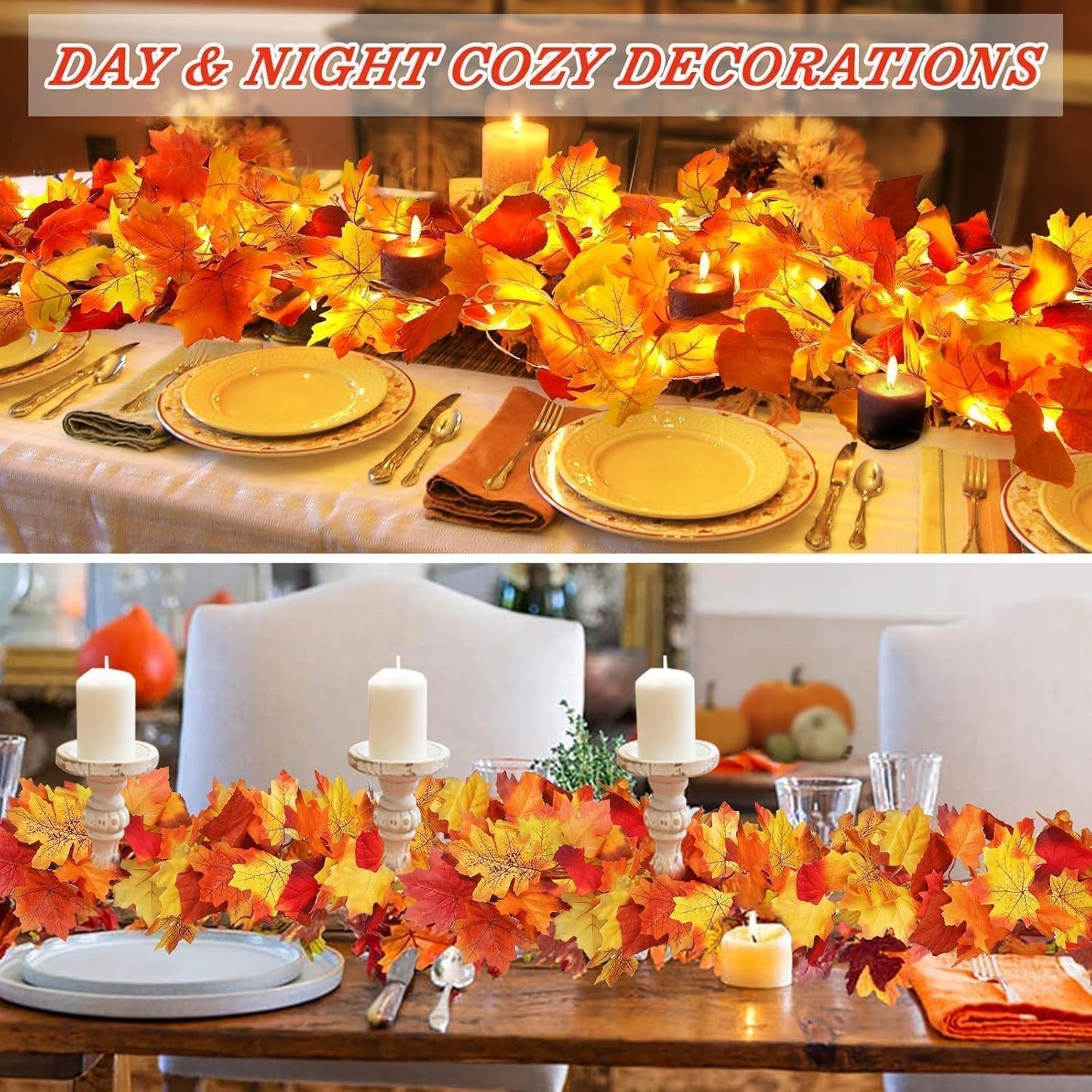 4 Pack Fall Decor Garland - Fall Thanksgiving Decorations for Home - 23.6Ft Maple Leaves Garland with Lights Battery Operated for Mantle Fireplace Table Indoor Outdoor Autumn Halloween Christmas Decor