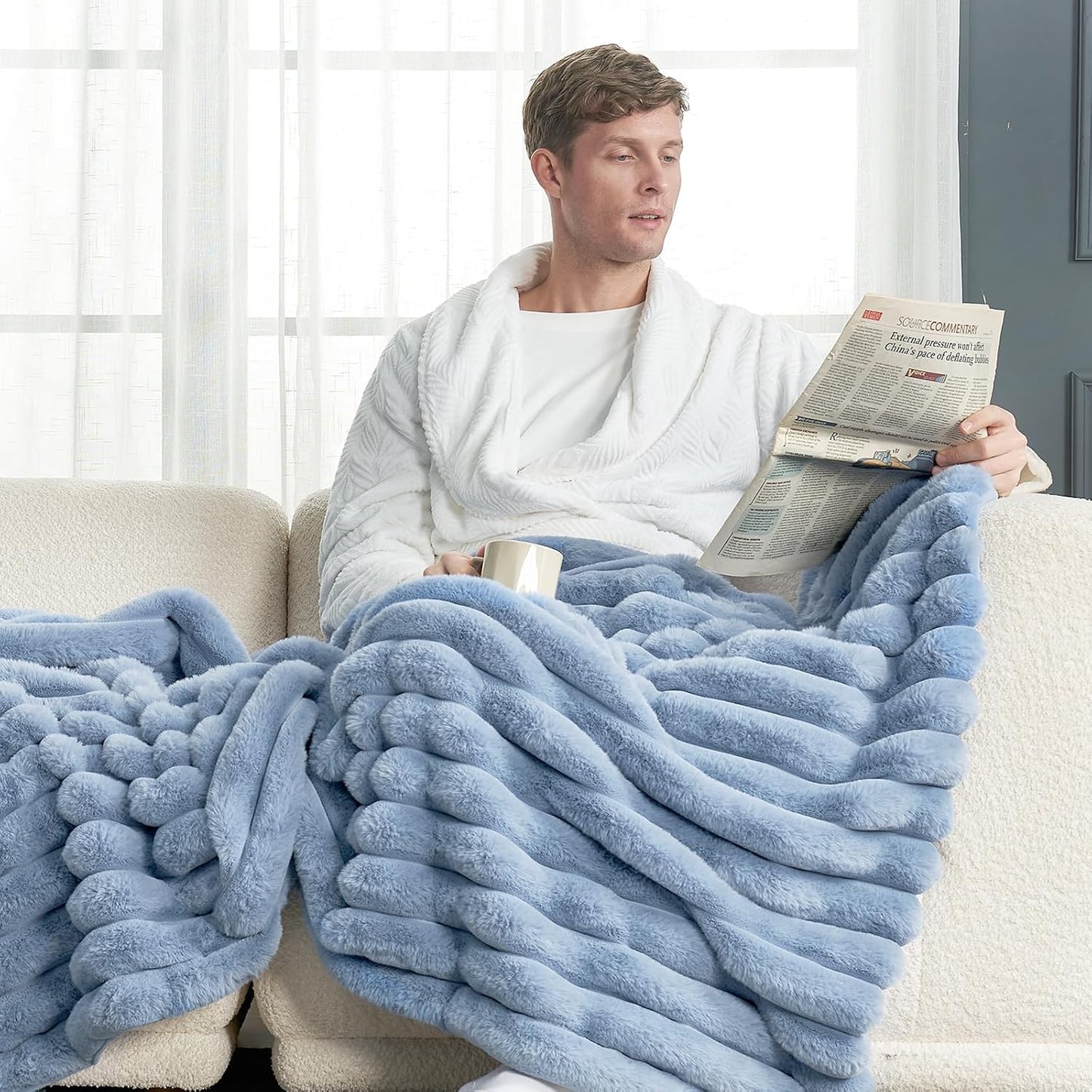 Cozy Bliss Faux Fur Throw Blanket for Couch, Cozy Warm Plush Striped Blanket for Sofa Bedroom Living Room,50 * 60 Inches Light Blue